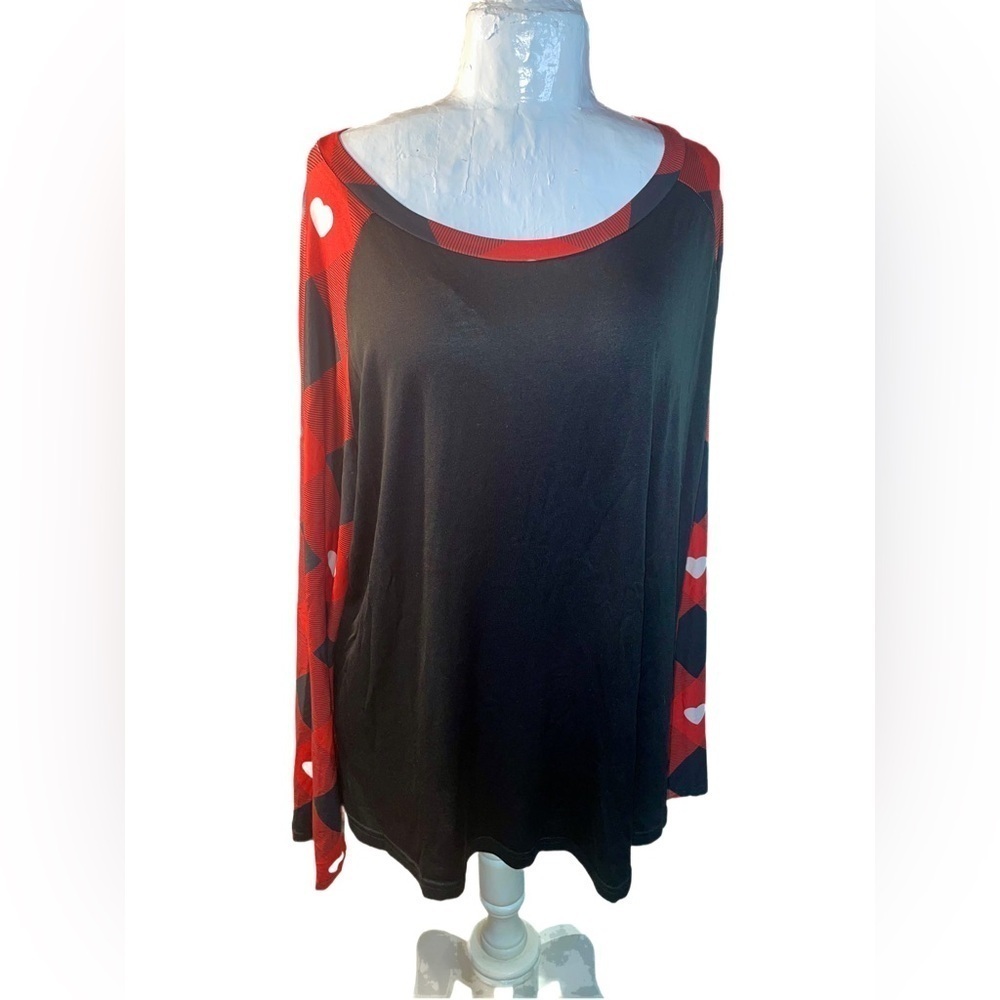 LOVEU DEAR Black Plaid Heart Long Sleeve Argyle Diamond Shape Tee 3XL Scoop Neck